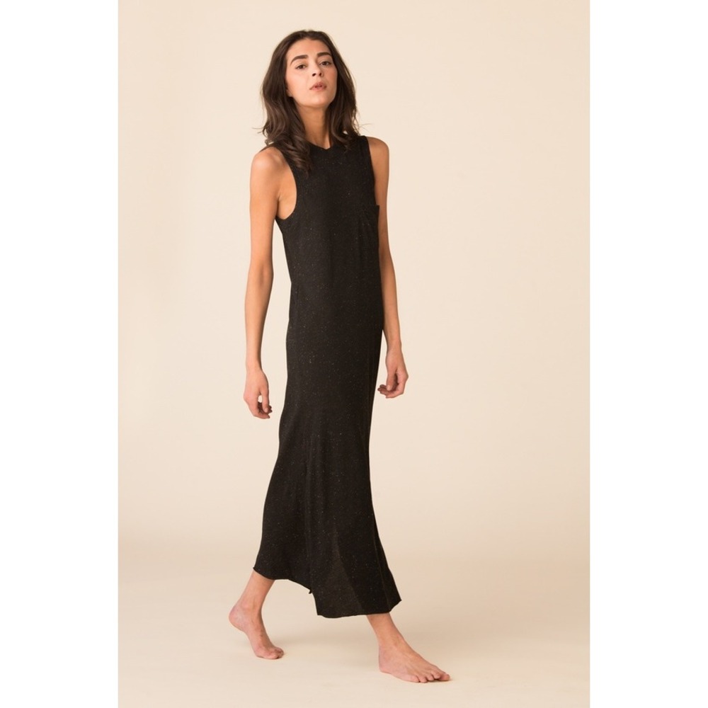 ATM Black Speckled Muscle Tee Maxi Dress Side Slits Pocket Casual Relaxed Travel